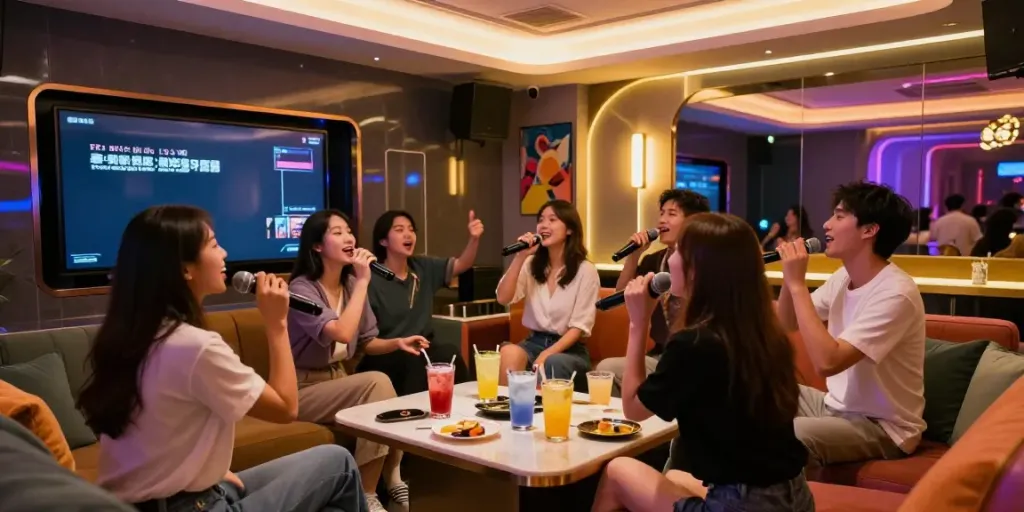 강남 달토에서 즐거운 시간을 보내는 친구들 모습, 세련된 인테리어와 화려한 조명으로 분위기 있는 노래방