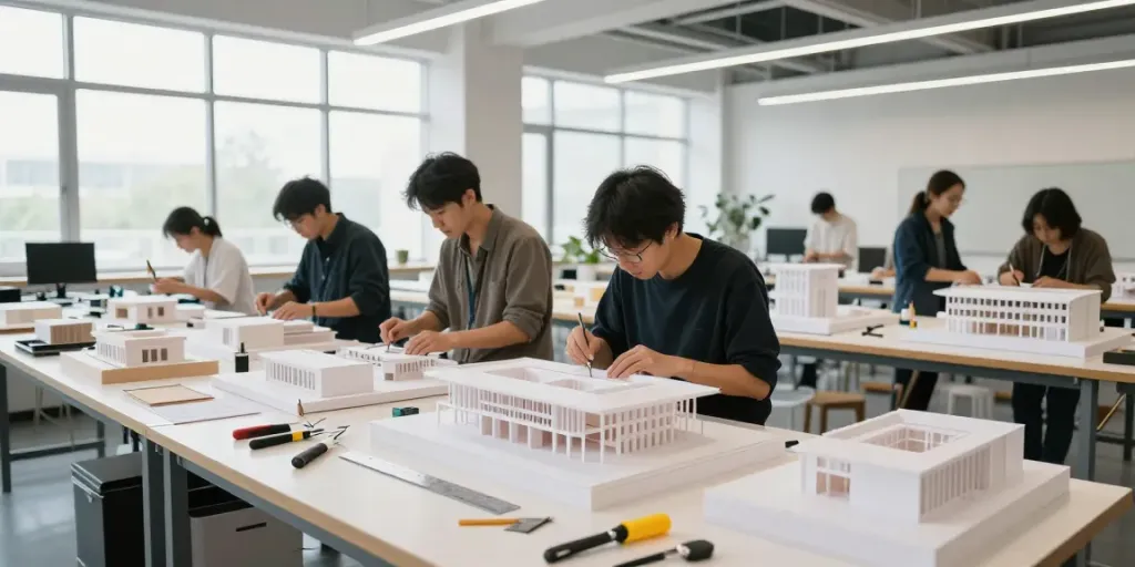 Präzise Architektur Modellbau Stuttgart in moderner Werkstatt mit kreativen Handwerkern.
