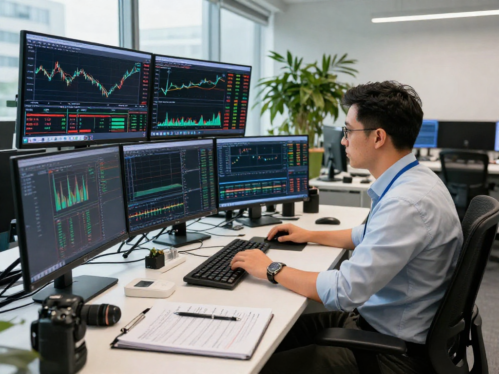 使用metatrader 5进行金融交易的专业交易员在现代办公室分析市场数据