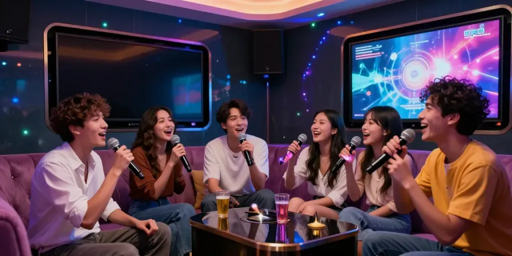 달토에서 즐거운 시간을 보내는 젊은이들, 세련된 가라오케 룸의 화려한 조명과 편안한 좌석