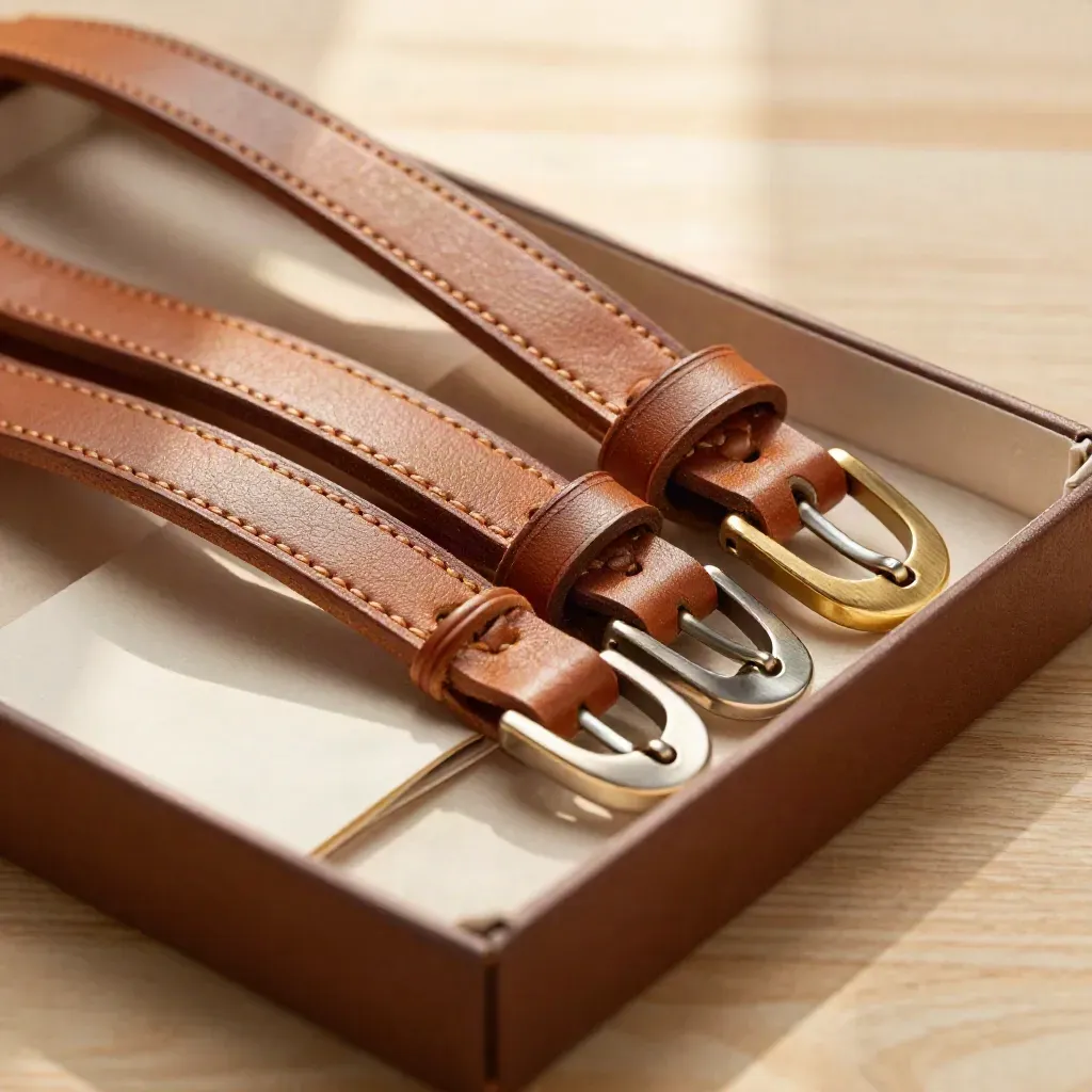 Leather strap set in open box on warm wood, shot close with soft light and dust.