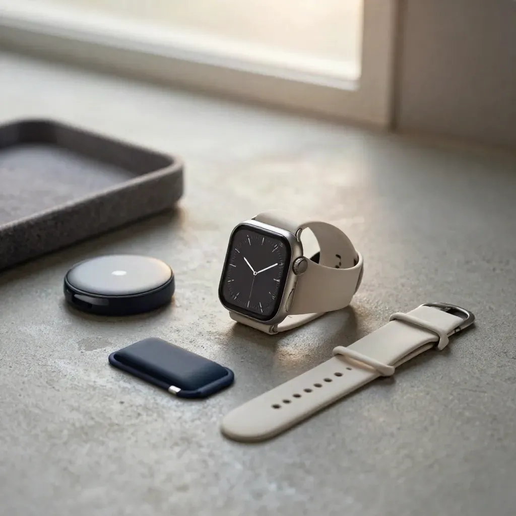 Smartwatch hero with charger and folded sport band on cool concrete, softly lit.