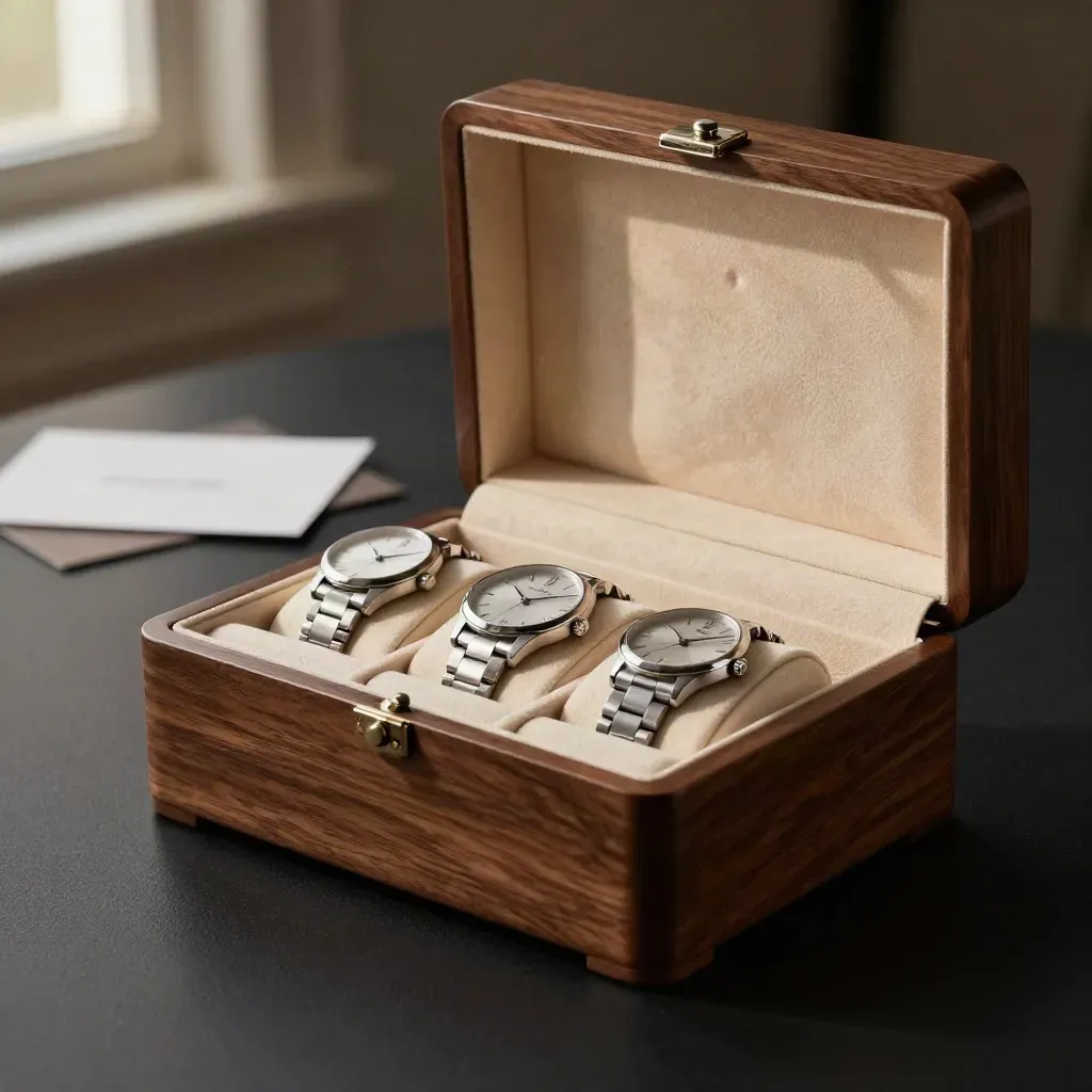 Open walnut watch box with three watches and cream suede lining on a dark surface.