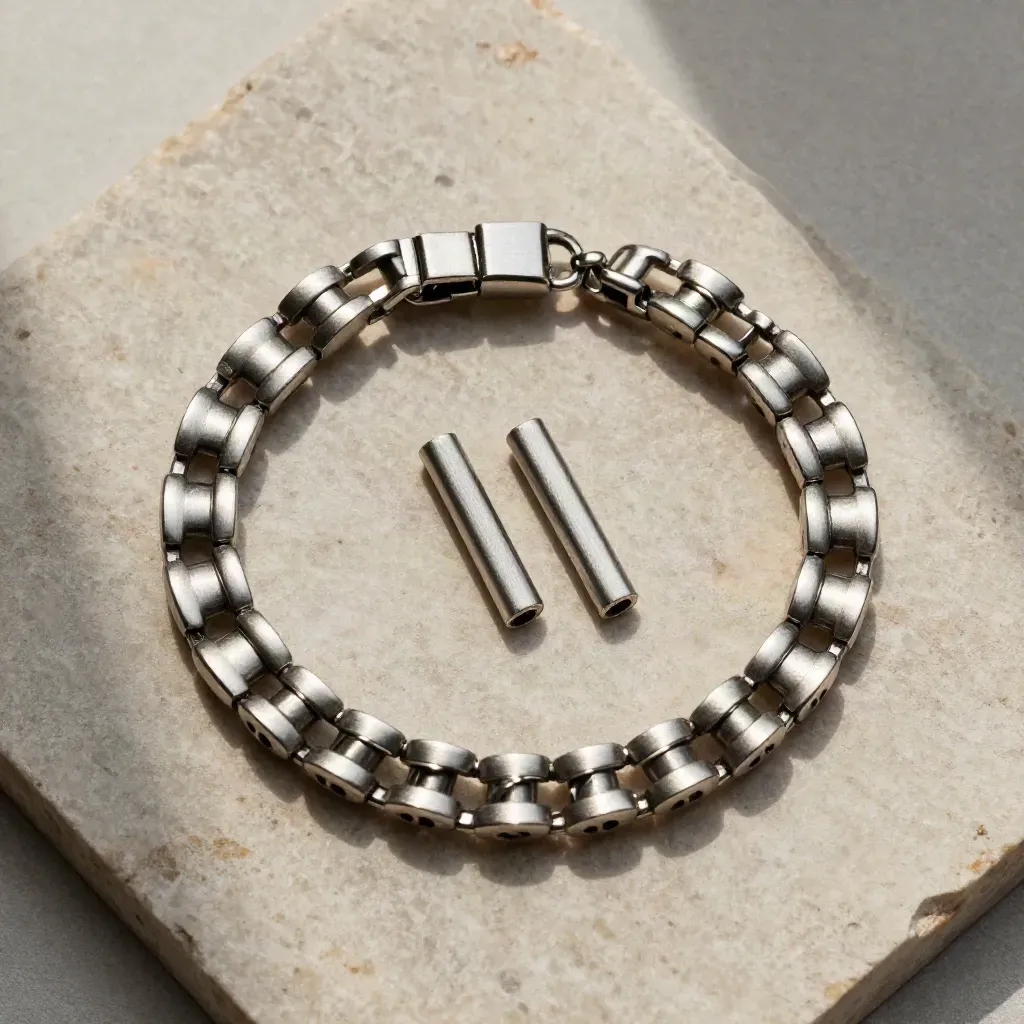 Overhead steel link bracelet on pale stone with two spare links and soft silver shadows
