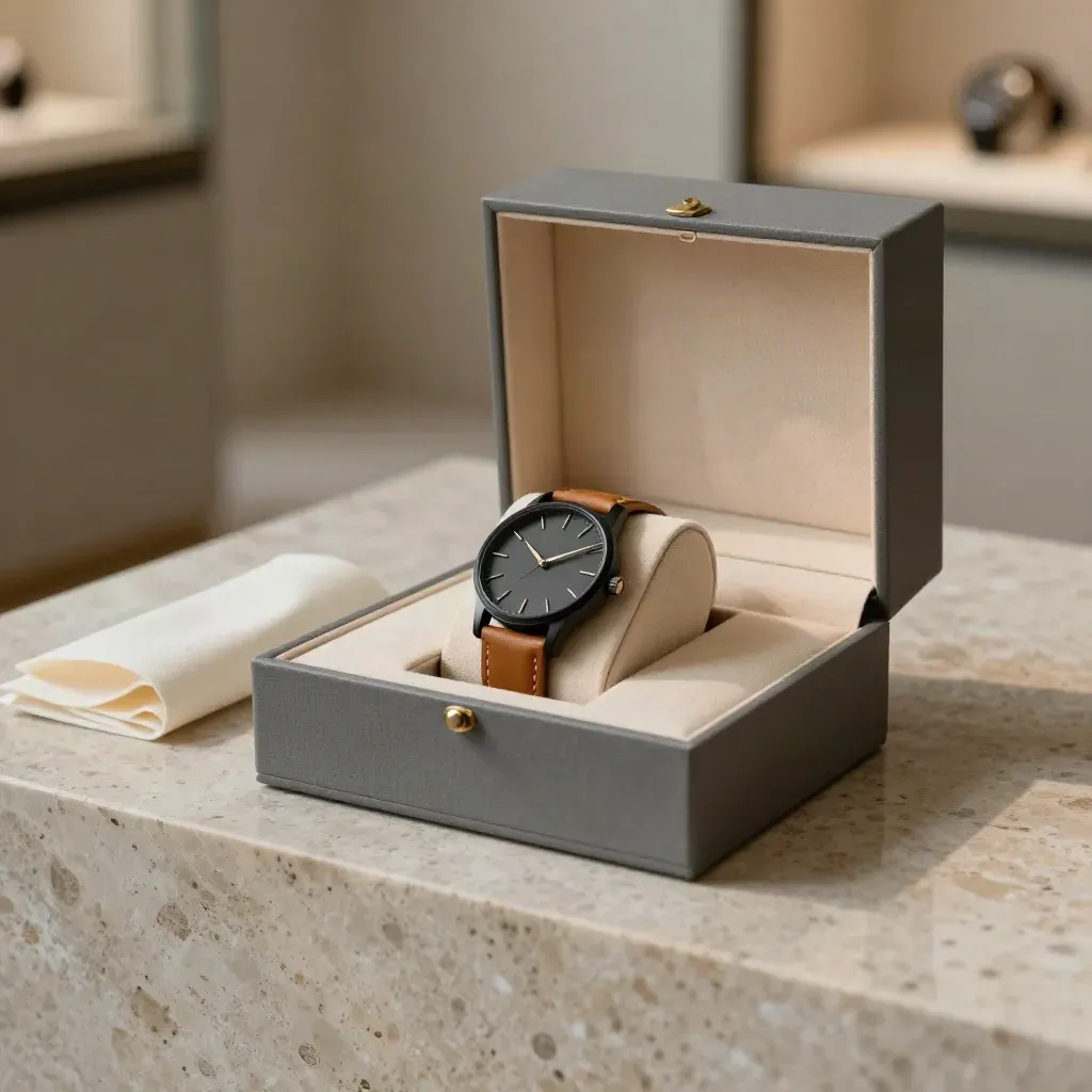 Men's watch gift set on travertine stone with leather strap, box and gold accents.