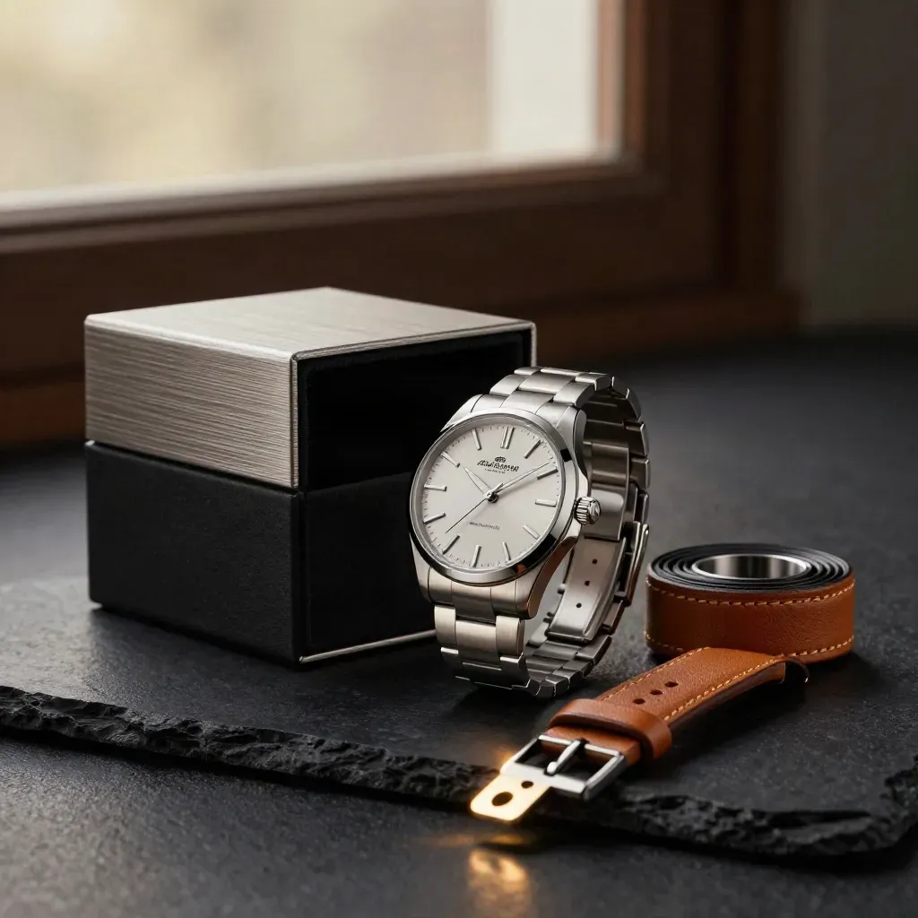 Luxury watch gift set with watch, box, and leather strap on black stone