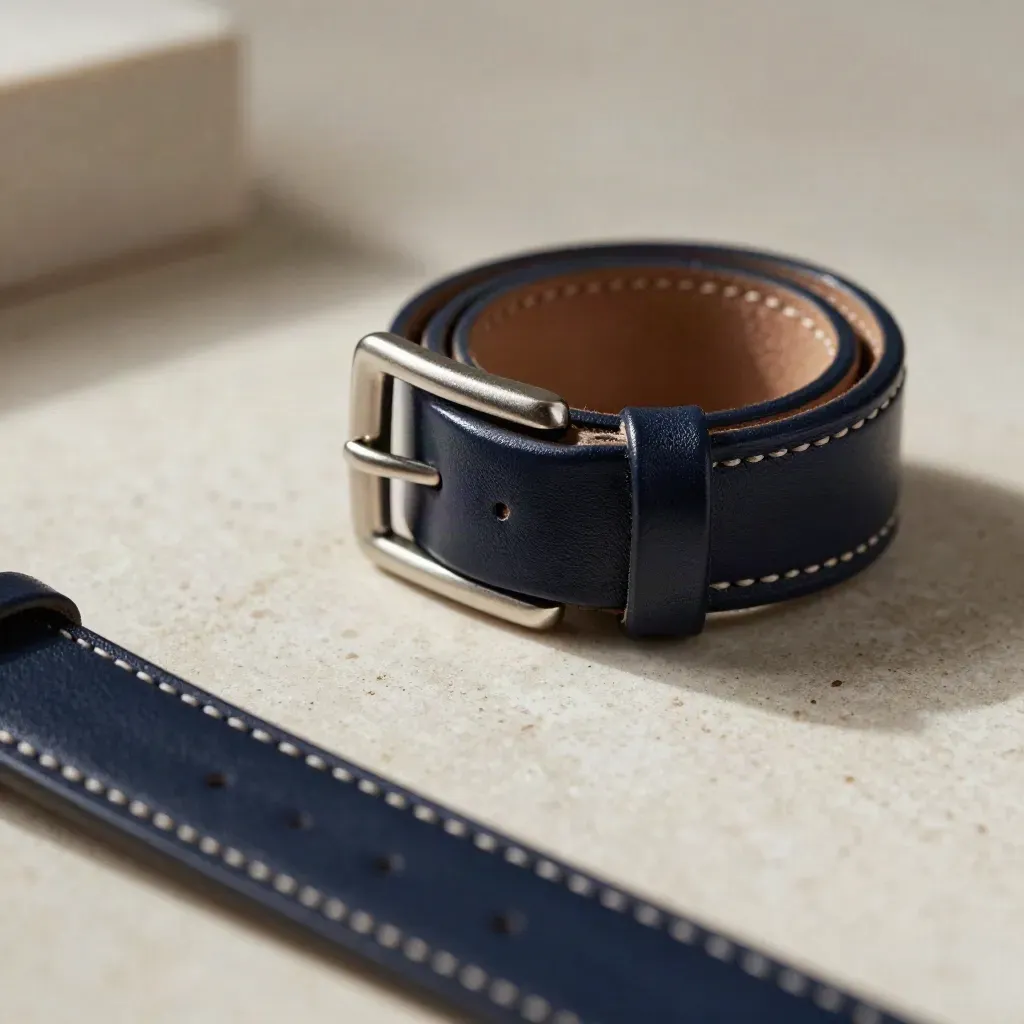 Navy leather watch strap curled with silver buckle on travertine, macro close-up
