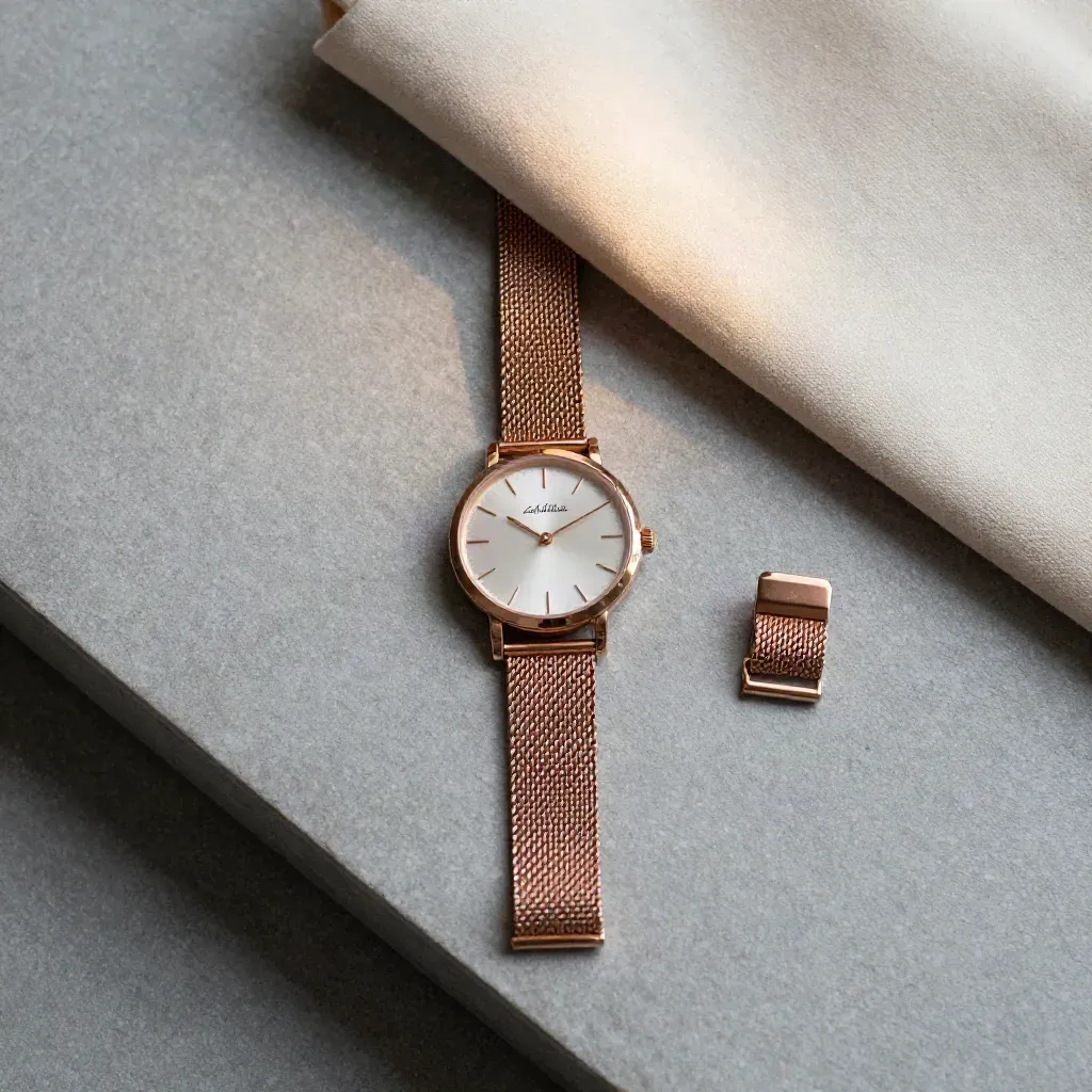 Rose gold mesh watch with cream cloth on cool stone, top-down flatlay
