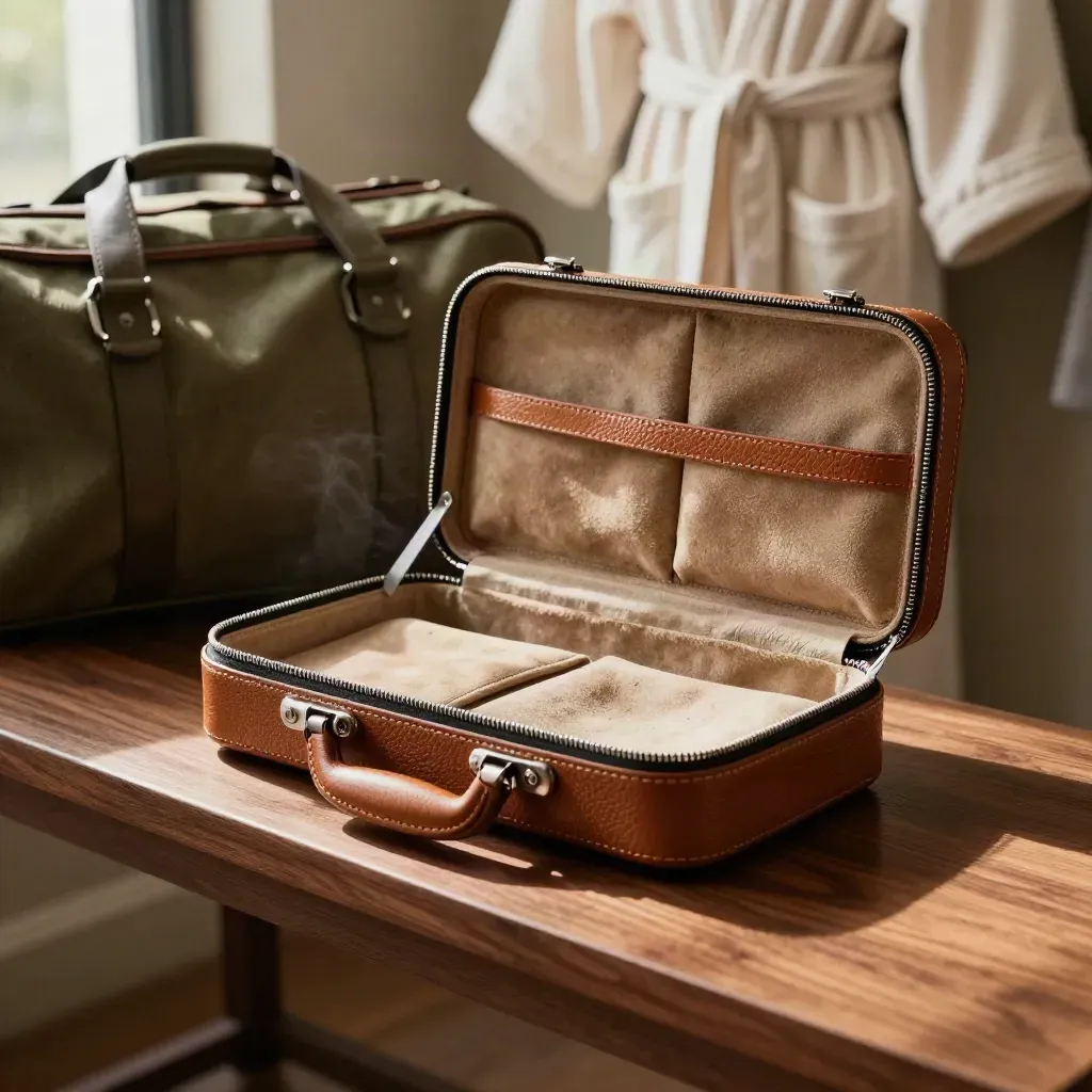Open khaki leather travel watch case with two cushioned slots on a hotel luggage bench