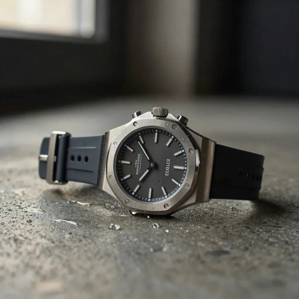 Titanium sport watch on wet concrete with water droplets and a spare band loop