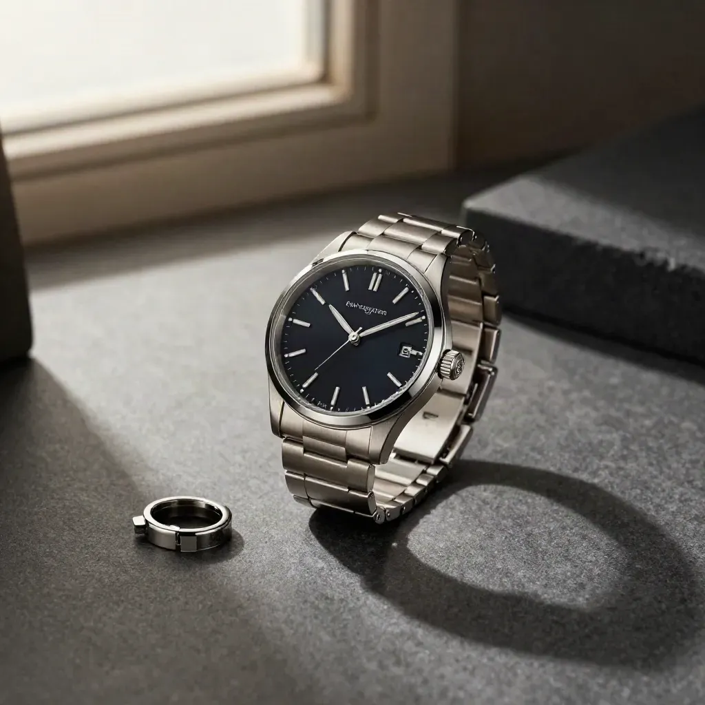 Black date watch on a graphite sweep with a spare link and soft navy shadow