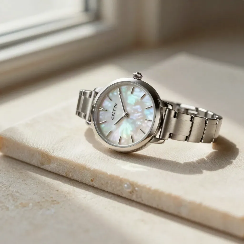 Brushed silver ladies pearl watch arcing over shell-toned fabric in soft daylight