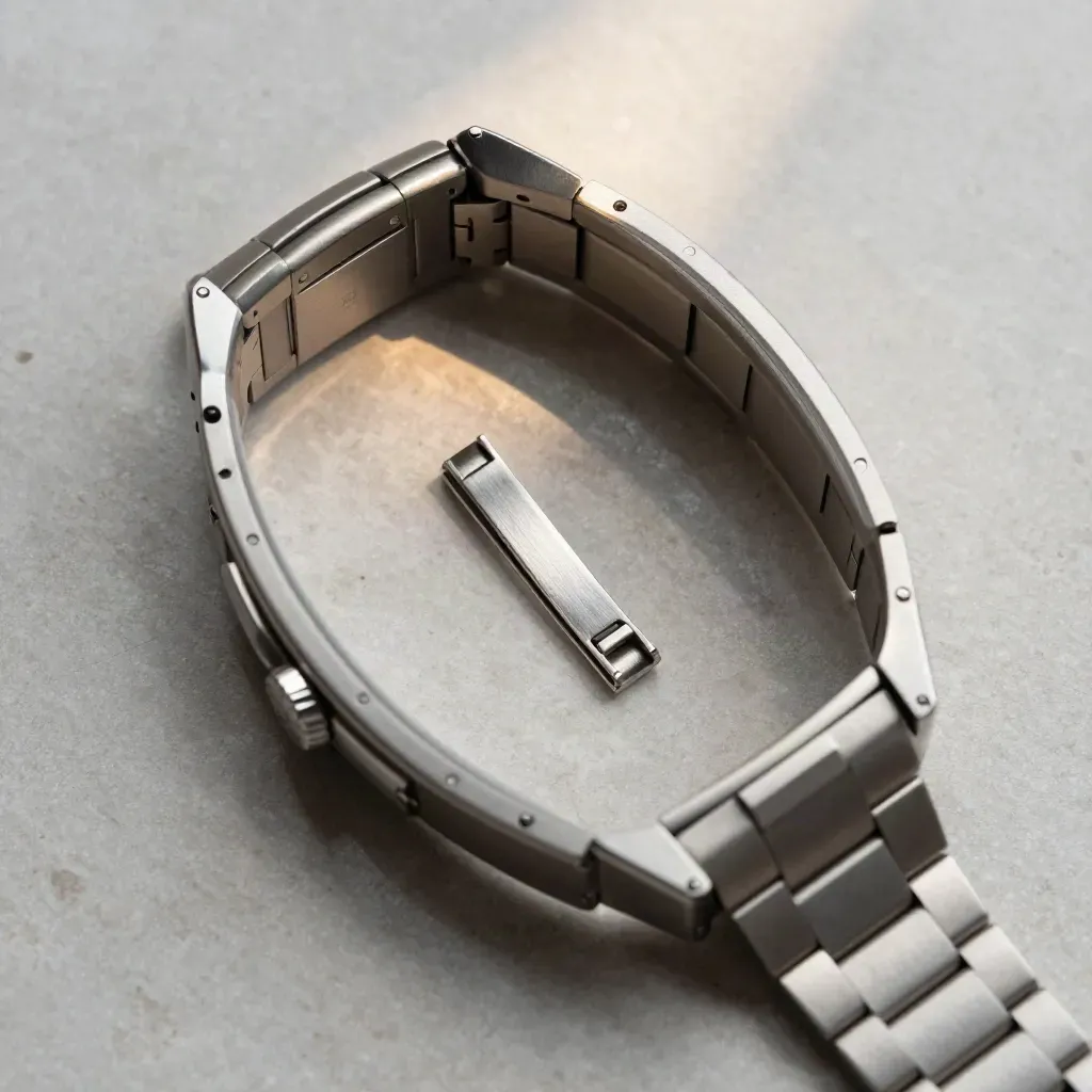 Overhead macro of a polished steel watch bracelet curved on pale stone with warm gold highlights.
